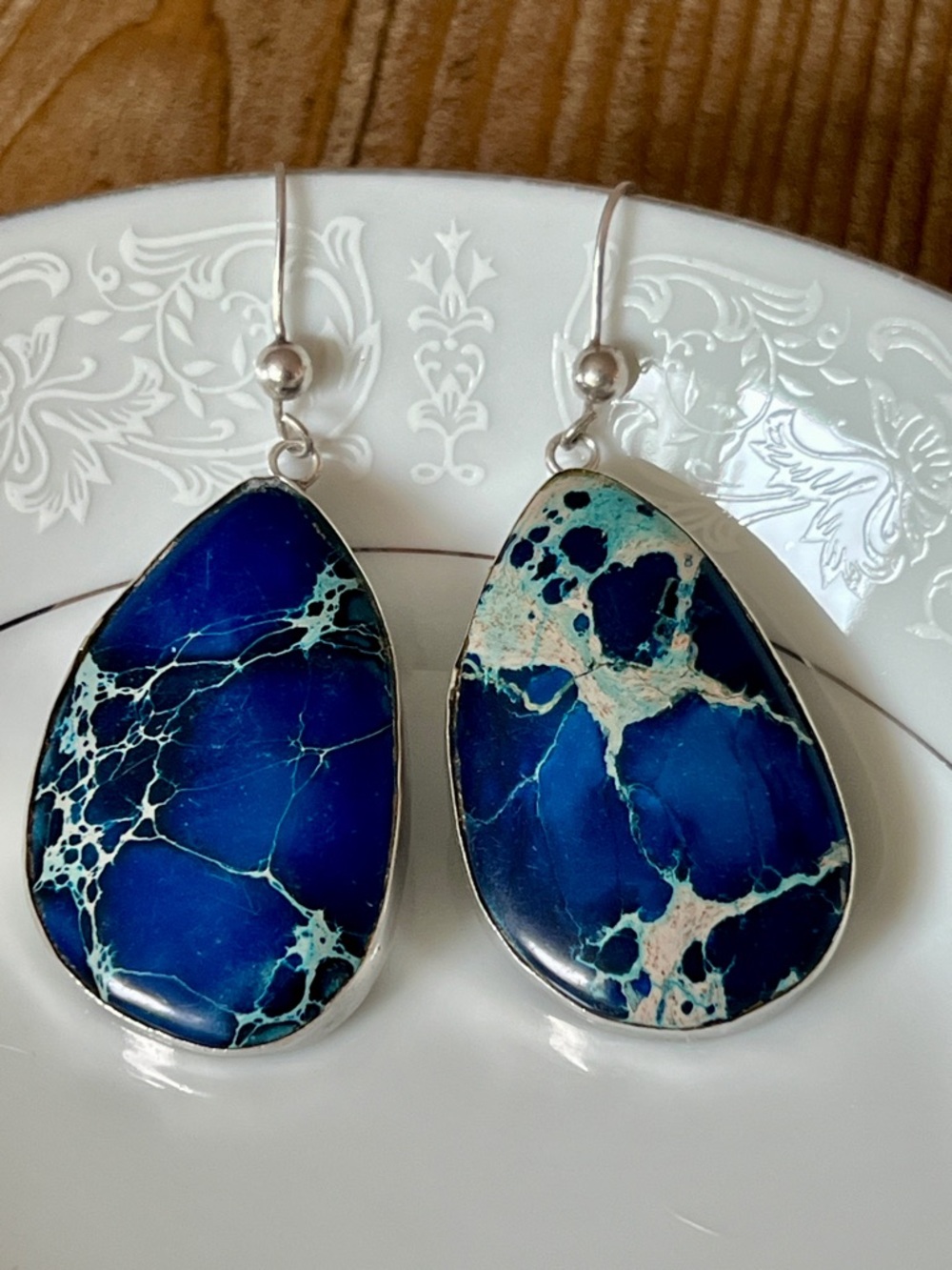 Super Silver Monterey Blue Sea Sediment Jasper Teardrop Sterling Silver Earrings